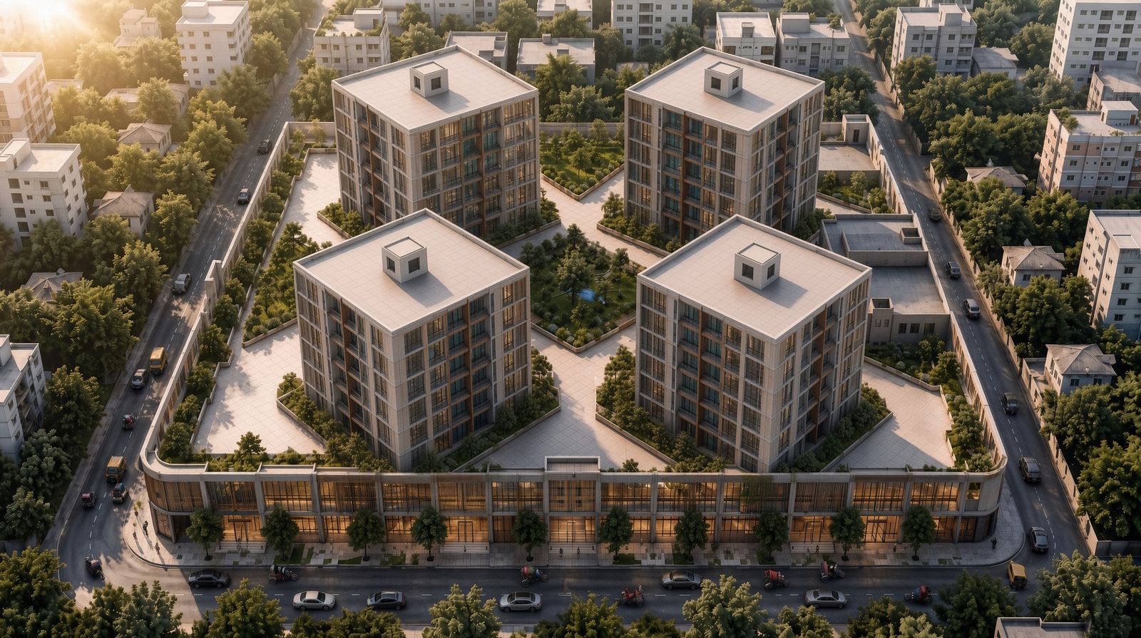 Aerial view of PRIDE Diamond at golden hour: four towers rising from a single retail podium with landscaped courtyards