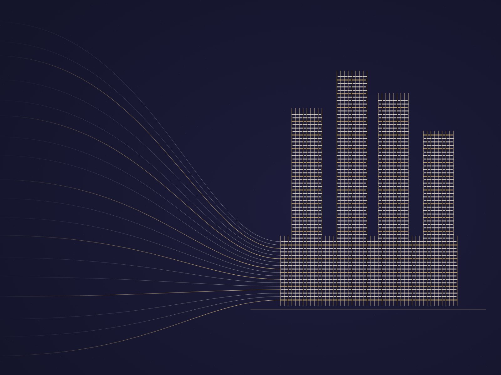 Illustration: gold and ivory threads flowing in from the left and weaving into a podium and four towers