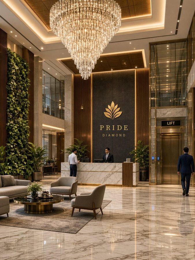 Double-height residential lobby at PRIDE Diamond with a crystal chandelier, marble floors, a green wall and a concierge desk