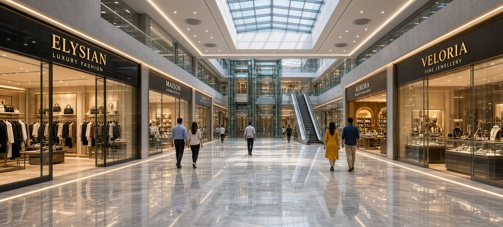 Sky-lit retail concourse with fashion and jewellery stores on two levels
