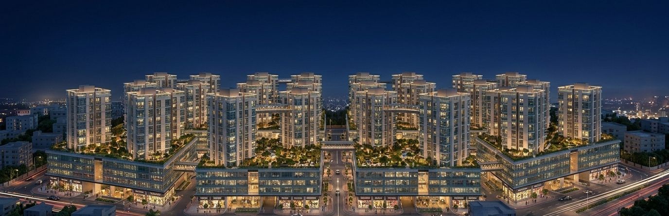 Night aerial view of PRIDE Prime at Savar: residential towers above a continuous lit retail podium