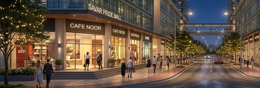 Evening boulevard at PRIDE Prime: tree-lined retail podium with cafés and shoppers